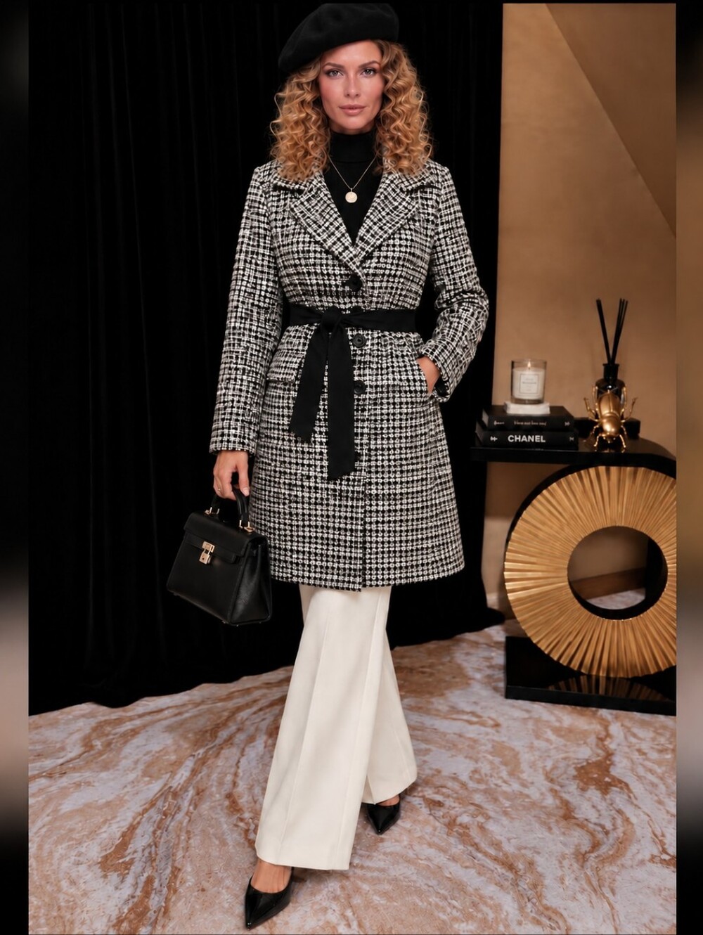Vintage 80s Black White Tweed Belted Jacket Coat Medium
